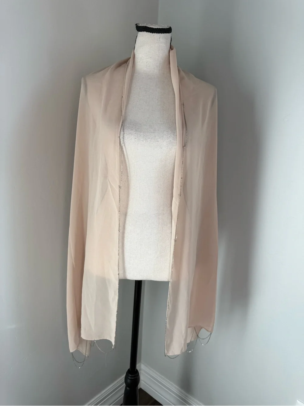 Champagne Beige Sheer Chain Trim Shawl Wrap Cape Wedding Evening Cover Up